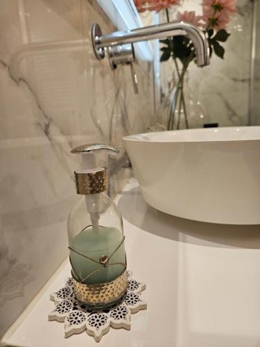 霍夫多普B&B Apartment Amsterdam Schiphol Airport的浴室水槽和柜台上的玻璃肥皂饮水机