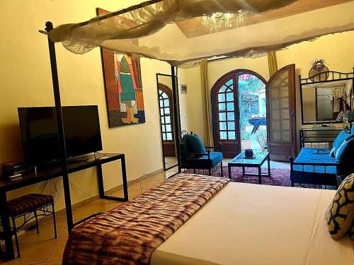 格雷岛Villa Charles - île de Gorée的一间卧室配有一张床,并在一间客房内配有电视。