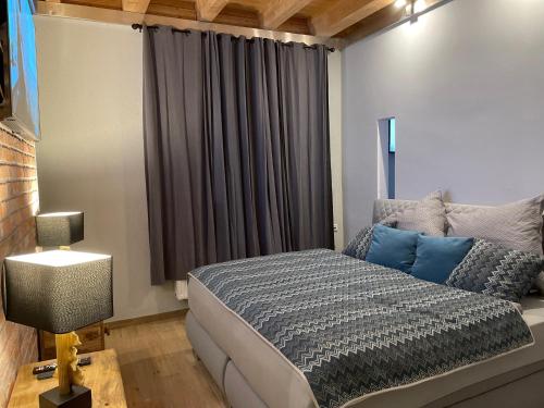 吕本瑙Spreewaldhaus Widwan的一间卧室配有一张带蓝色枕头的床和一扇窗户。