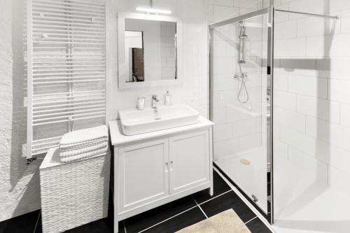 蒙特勒Medieval apartment Juliette的白色的浴室设有水槽和淋浴。
