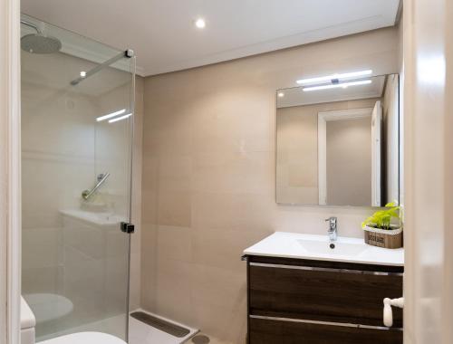 扎鲁亚斯MENDILAUTA的带淋浴、盥洗盆和镜子的浴室