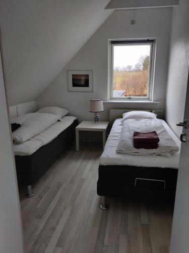 HammelRosengård的一间卧室设有两张床和窗户。