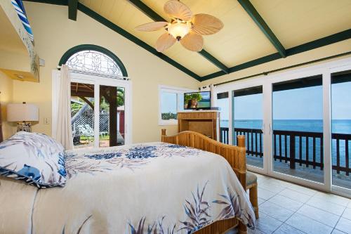 科纳The Cottage的一间卧室配有一张床,享有海景
