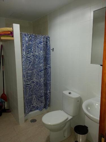 伊兹奎尔多Pozo Izquierdo Homelidays的一间带卫生间和淋浴帘的浴室