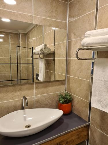 戈西克Ekin Otel Göcek的浴室配有盥洗盆、镜子和毛巾
