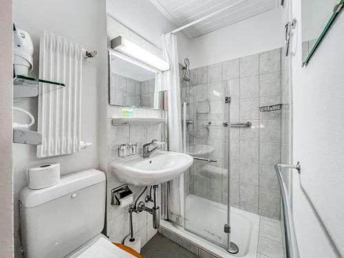 蒙特勒Quiet & Comfy apartment on Av du Casino的白色的浴室设有水槽和淋浴。