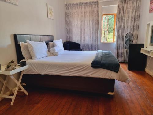 约翰内斯堡Houghton Skye的一间卧室设有一张大床,铺有木地板