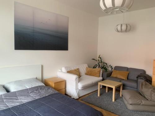 布拉格卜贝内克公寓的客厅配有床和沙发