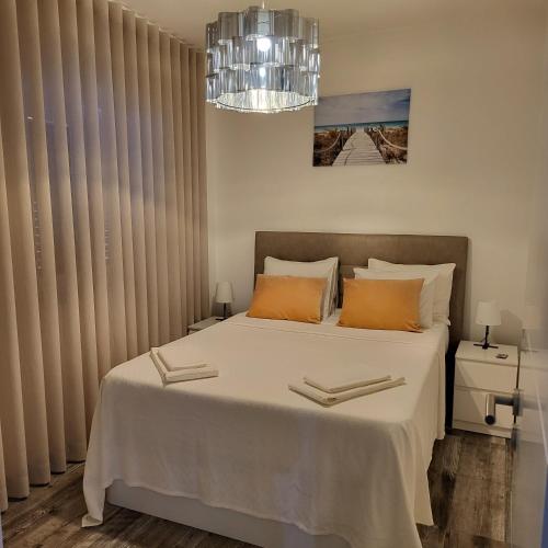卡帕里卡海岸Nandos Apartement的卧室配有一张白色大床和吊灯。