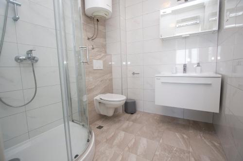 普罗马尼亚Luxury Apartment Luka的带淋浴、卫生间和盥洗盆的浴室