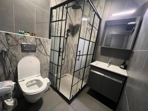 特拉布宗Marina Green Suite & Residence的浴室配有卫生间、淋浴和盥洗盆。