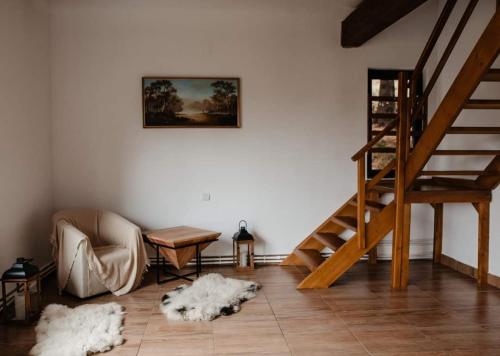 克卢日-纳波卡Cabana Nicorici的一间带椅子和楼梯的客厅