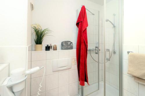 欧巴德伍斯图Ferienzimmeranlage Deutsches Haus Deutsches Haus App 24的带淋浴和红色毛巾的浴室