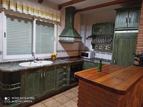 阿罗约弗里奥Casa Miriam II的厨房配有绿色橱柜和水槽