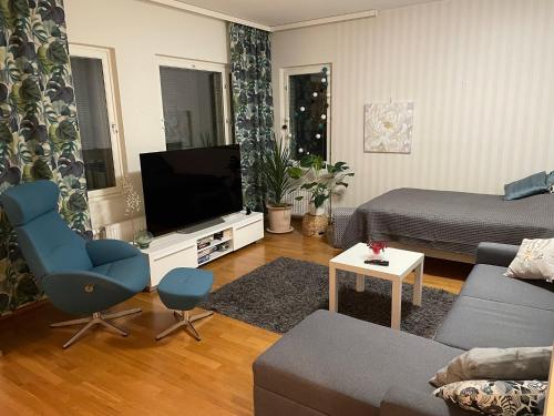 拉彭兰塔Studiohuoneisto Valtakatu 45, sauna, AC, WiFi的带沙发和平面电视的客厅