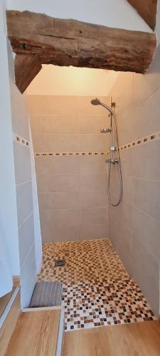 博讷L'Authentic- Petit-déjeuner inclus - Cosy - Calme的带淋浴的浴室,铺有瓷砖地板。