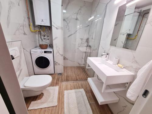 鲁马Stella Apartman Ruma的浴室配有卫生间水槽和洗衣机。