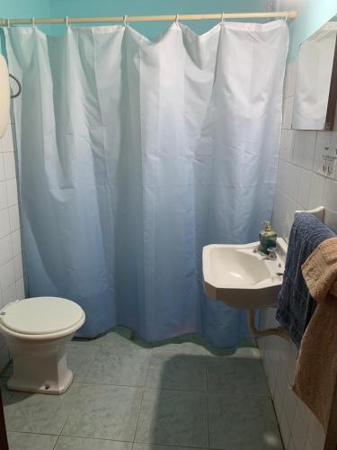 萨尔托Habitaciones amplias con baño y garage privado Motel Coloso的浴室设有卫生间和蓝色的浴帘。