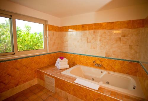LowlandsRoyal Islander Club Resort La Terrasse的带浴缸和窗户的浴室