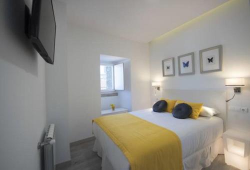 圣地亚哥－德孔波斯特拉Bolboreta Dreams Apartamentos Turísticos的一间卧室配有一张黄色毯子床