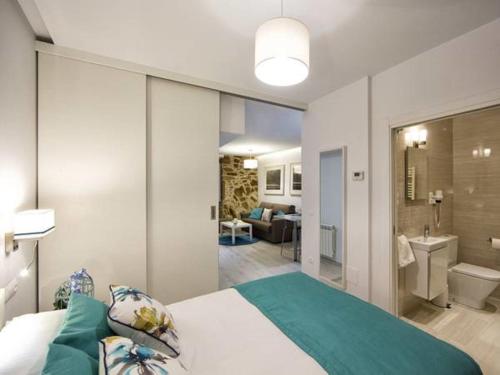 圣地亚哥－德孔波斯特拉Bolboreta Dreams Apartamentos Turísticos的一间带大床的卧室和一间浴室