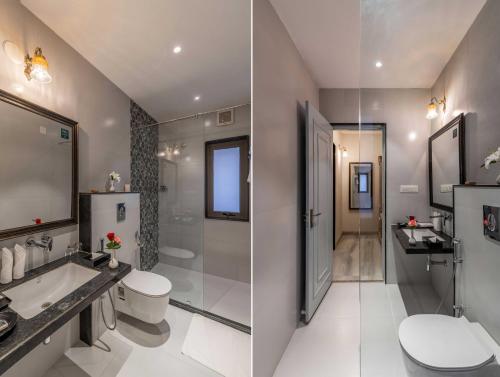乌代浦Maan Vilas By Stone Wood的两张带水槽和卫生间的浴室图片