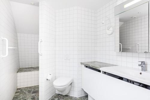 Skänninge斯卡宁住宿加早餐旅馆的白色的浴室设有卫生间和水槽。