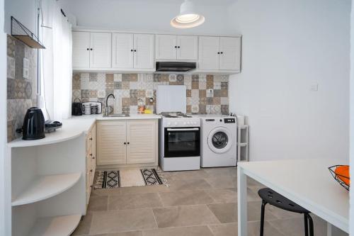 卡尔扎迈纳The blackbird house的厨房配有白色橱柜、洗衣机和烘干机