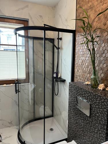 索波特Urus Home Sopot的浴室内带玻璃淋浴间