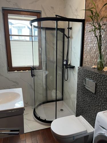 索波特Urus Home Sopot的带淋浴、卫生间和盥洗盆的浴室