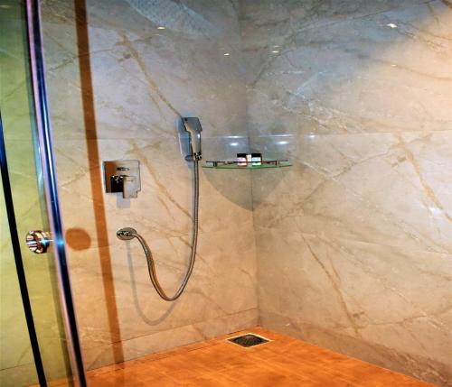 贡珀尔格尔Kumbhal Exotica Resort Kumbhalgarh的浴室里设有玻璃门淋浴