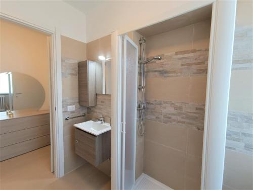 梅尔戈佐Winter Spring Summer Apartments的一间带水槽和淋浴的浴室