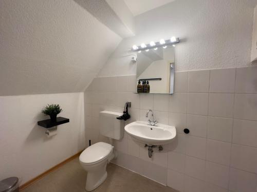 科布伦茨Design Wohnung nähe Uni的白色的浴室设有卫生间和水槽。