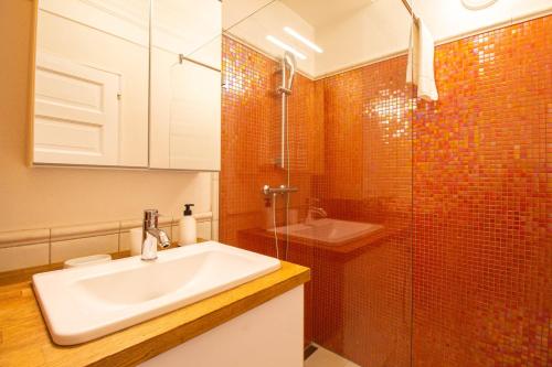 布达佩斯Hillside Lodge的一间带水槽和淋浴的浴室