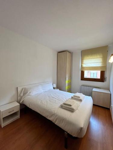 特伦普Allotjament Sanuy a Tremp的卧室铺有木地板,配有白色的床。