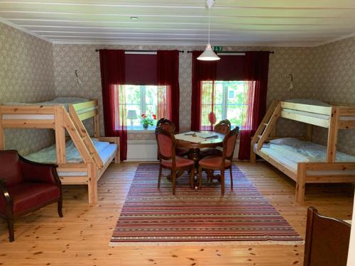 DockstaVilla Skuleskogen的客房设有两张双层床和一张桌子及椅子。
