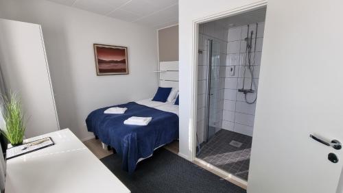科特卡Hotel Vanha-Merivartioasema的酒店客房配有一张床和淋浴