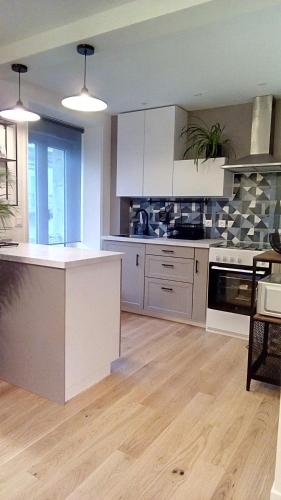 坎佩尔Les Appartements du 31 - Centre Ville - 2è étage - 50 m2的厨房铺有木地板,配有白色橱柜。