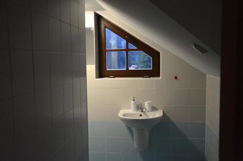 旧柳博夫尼亚Penzión Dinda的一间带水槽和窗户的浴室
