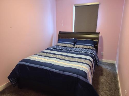 温尼伯Winnipeg Peace Home的一间卧室配有一张蓝色和粉红色的墙壁。