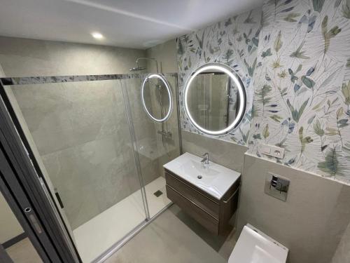 布尔戈斯Apartamentos Aljama的带淋浴、盥洗盆和镜子的浴室