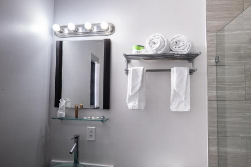 迈阿密海滩Fashion Boutique Hotel的浴室配有盥洗盆、镜子和毛巾