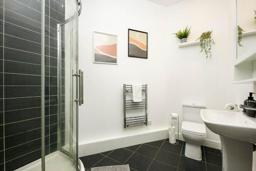 布里斯托Charming 1 bedroom apartment (+ sofa bed) in Central Bristol的带淋浴、卫生间和盥洗盆的浴室