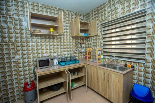 拉各斯AJI Warm 2BED Apartment (Ijegun, Lagos)的一间带水槽和微波炉的小厨房
