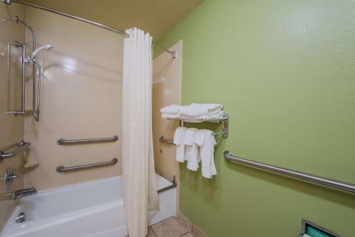 圣安东尼奥SureStay Plus Hotel by Best Western Near SeaWorld San Antonio的带淋浴、浴缸和毛巾的浴室
