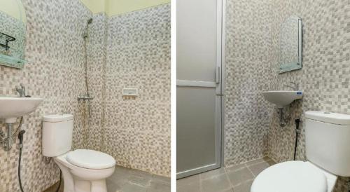 NgabeanDANGAU DATUK GUESTHOUSE的浴室的两张照片,配有卫生间和水槽