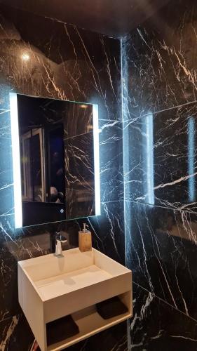 蒙彼利埃Medusa spa 34*的浴室设有白色水槽和镜子