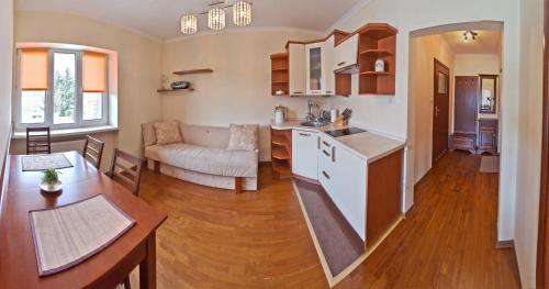 克雷尼察Apartamenty Sun & Snow Krynica Zdrój Pułaskiego的厨房以及带沙发和桌子的客厅。