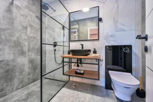 圣马丁娜穆里Apartman Hanna Toplice Sveti Martin的带淋浴、卫生间和盥洗盆的浴室