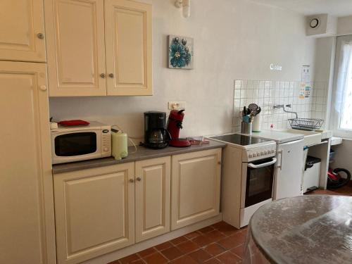 卢瓦尔河畔新堡Gîte du Port的厨房配有白色橱柜和微波炉